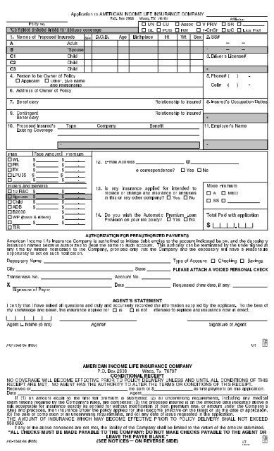 Application To American Income Life Insurance Company Application To American Income Life Insurance Company