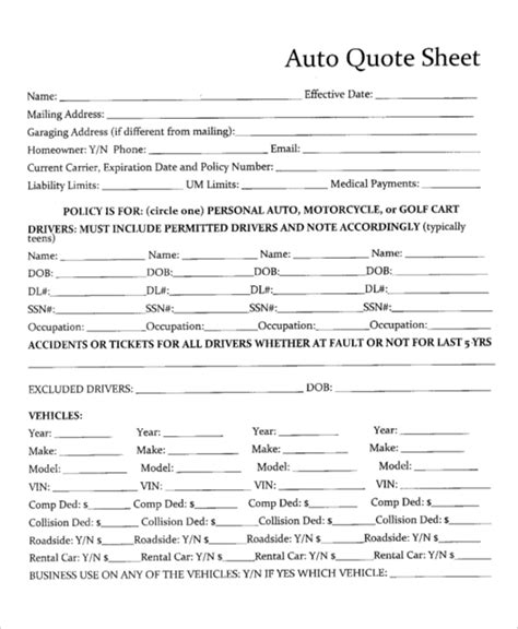 Auto Insurance Quote Form Template Free Download Auto Insurance Quote Form Template Free Download