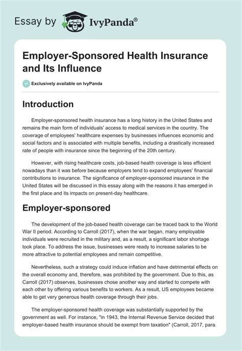 Employer Sponsored Health Insurance And Its Influence 601 Words Employer Sponsored Health Insurance And Its Influence 601 Words