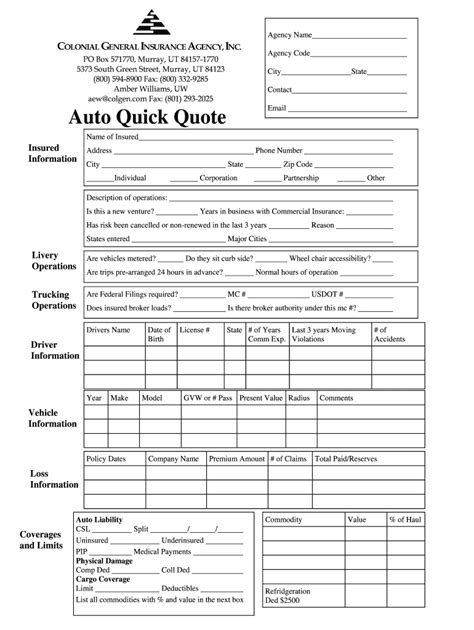 Fillable Online Commercial Auto Quick Quote Sheet Fax Email Print
