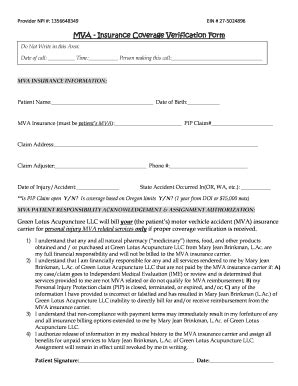 Fillable Online Mva Insurance Coverage Verification Form Green