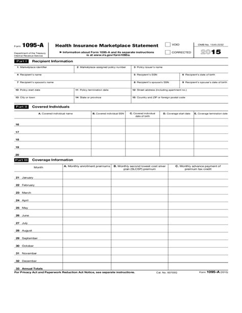 Form 1095 A Health Insurance Marketplace Statement 2015 Free Download