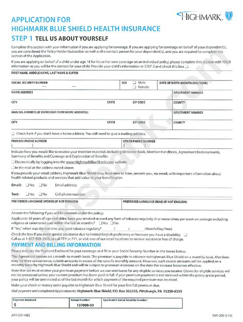 Form Enr 200 Application For Highmark Blue Shield Health Insurance Form Enr 200 Application For Highmark Blue Shield Health Insurance