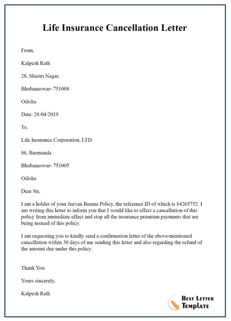 Insurance Cancellation Letter Template Format Sample Example Insurance Cancellation Letter Template Format Sample Example