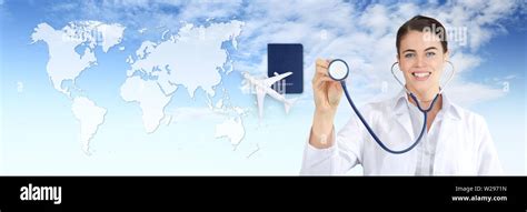 International Travel Medical Insurance Concept Smile Doctor Woman International Travel Medical Insurance Concept Smile Doctor Woman