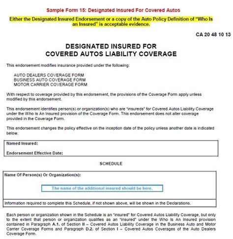 Sample Form 15 Designated Insured For Covered Autos Liability Coverage Sample Form 15 Designated Insured For Covered Autos Liability Coverage