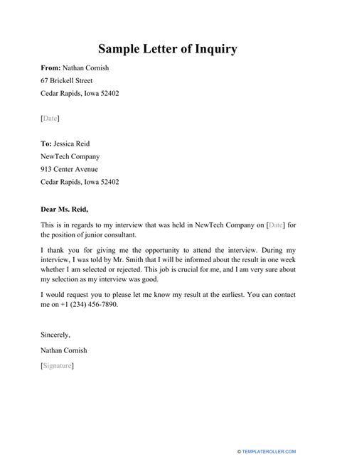 Sample Letter Of Inquiry Download Printable Pdf Templateroller Sample Letter Of Inquiry Download Printable Pdf Templateroller