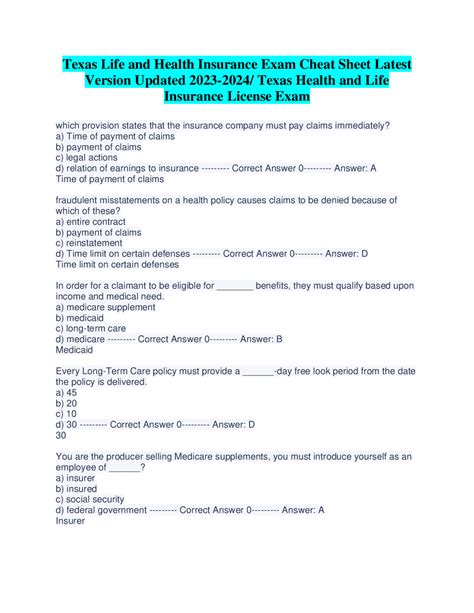 Texas Life And Health Insurance Exam Cheat Sheet Latest Version Updated Texas Life And Health Insurance Exam Cheat Sheet Latest Version Updated